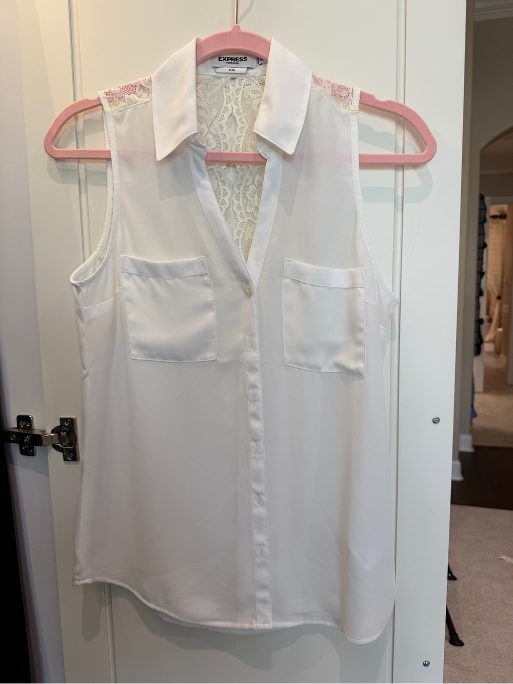 Express Sleeveless White Button-Up Blouse with Lace Back